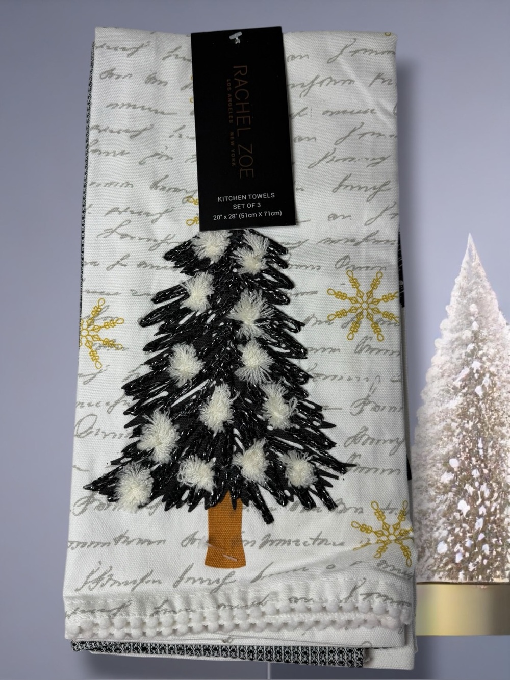 Rachel Zoe White Black Gold Embroidered Holiday Tree Towel Set of 3